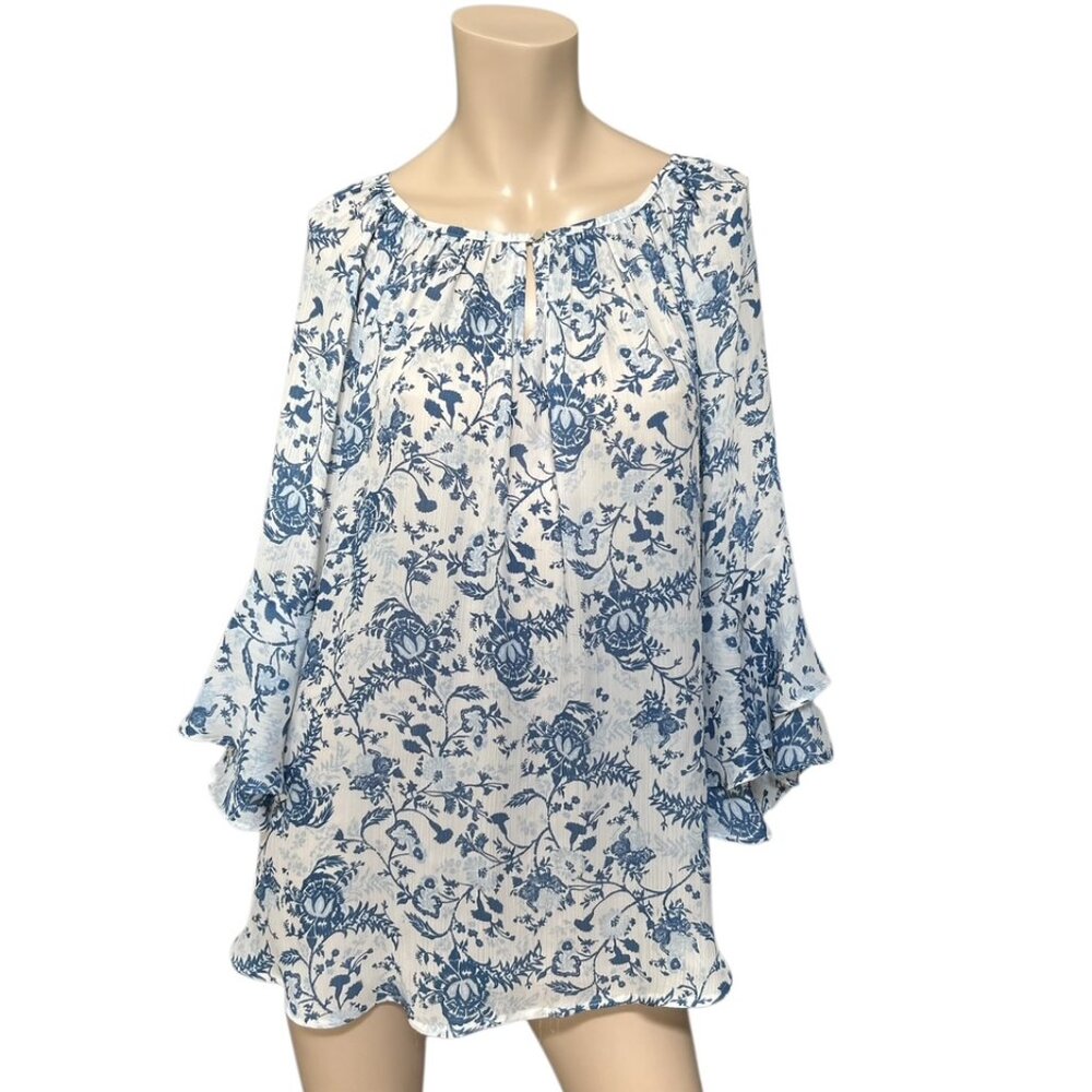 Chaps Floral Shirt Bell Sleeve Top Tunic Size L Boho Peasant Resort Cottage